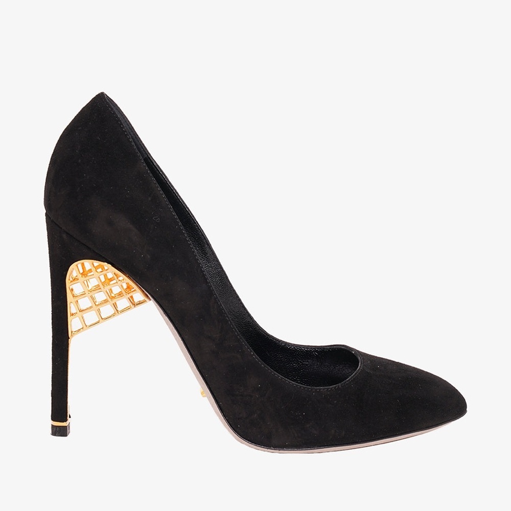 SERGIO ROSSI BLACK SUEDE WITH NET GOLDEN DETAIL HEELS SIZE 36